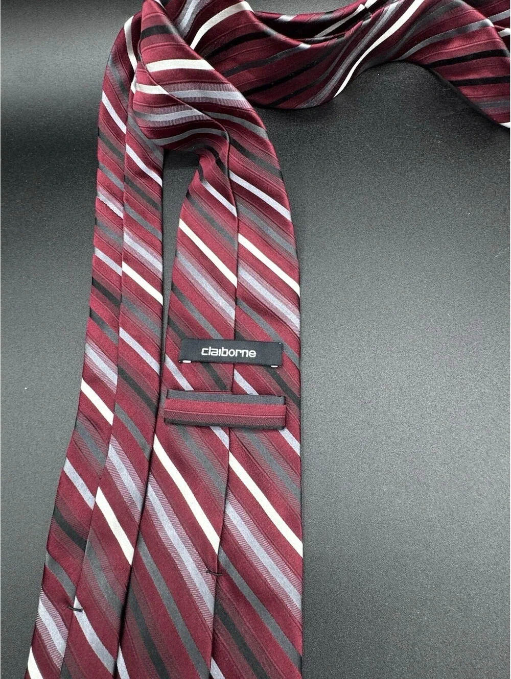 Claiborne Silk Tie Burgundy Black Gray Striped 59”x3.25” Preppy School Wedding